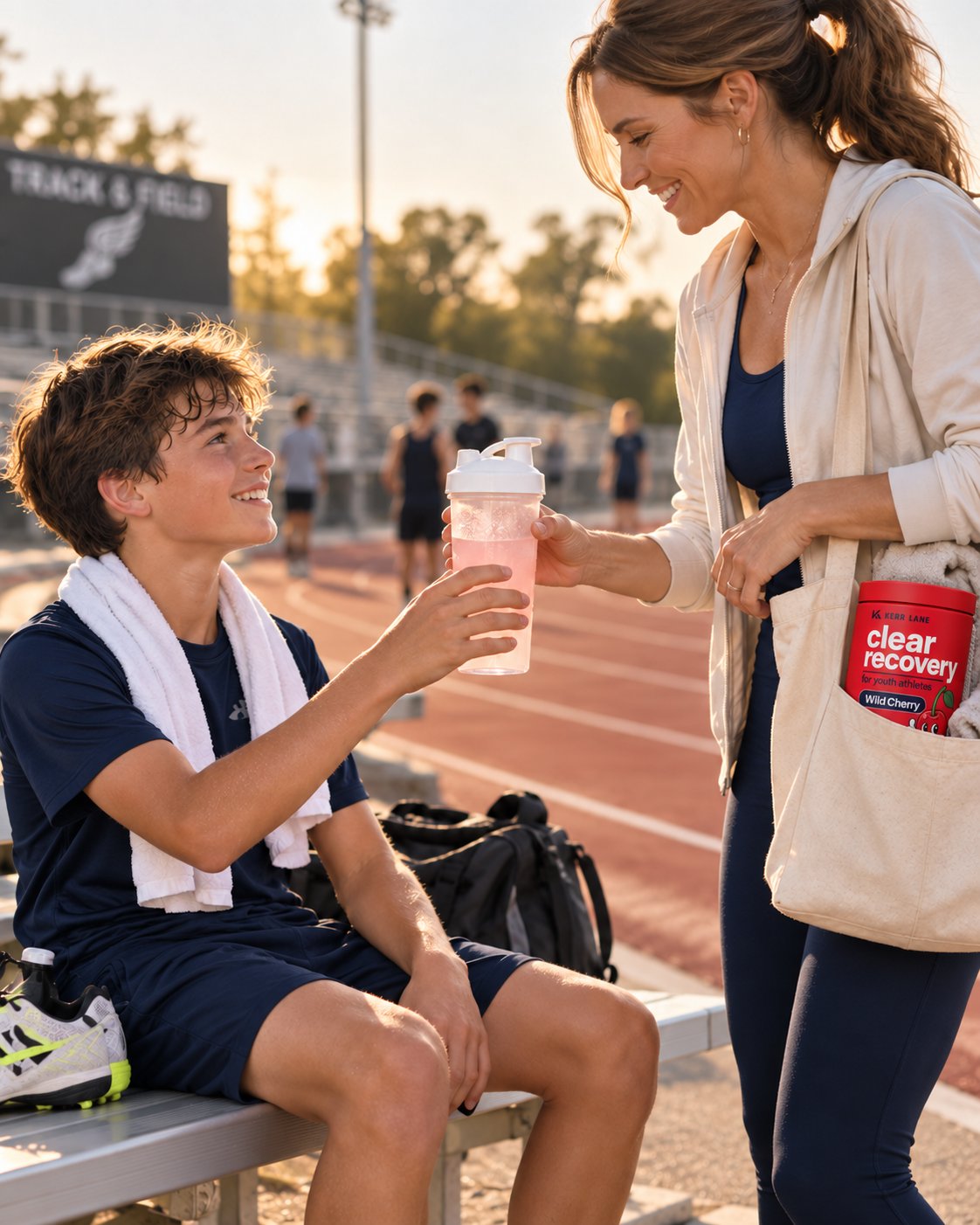 A mom hands her son a Clear Recovery shaker bottle after track practice