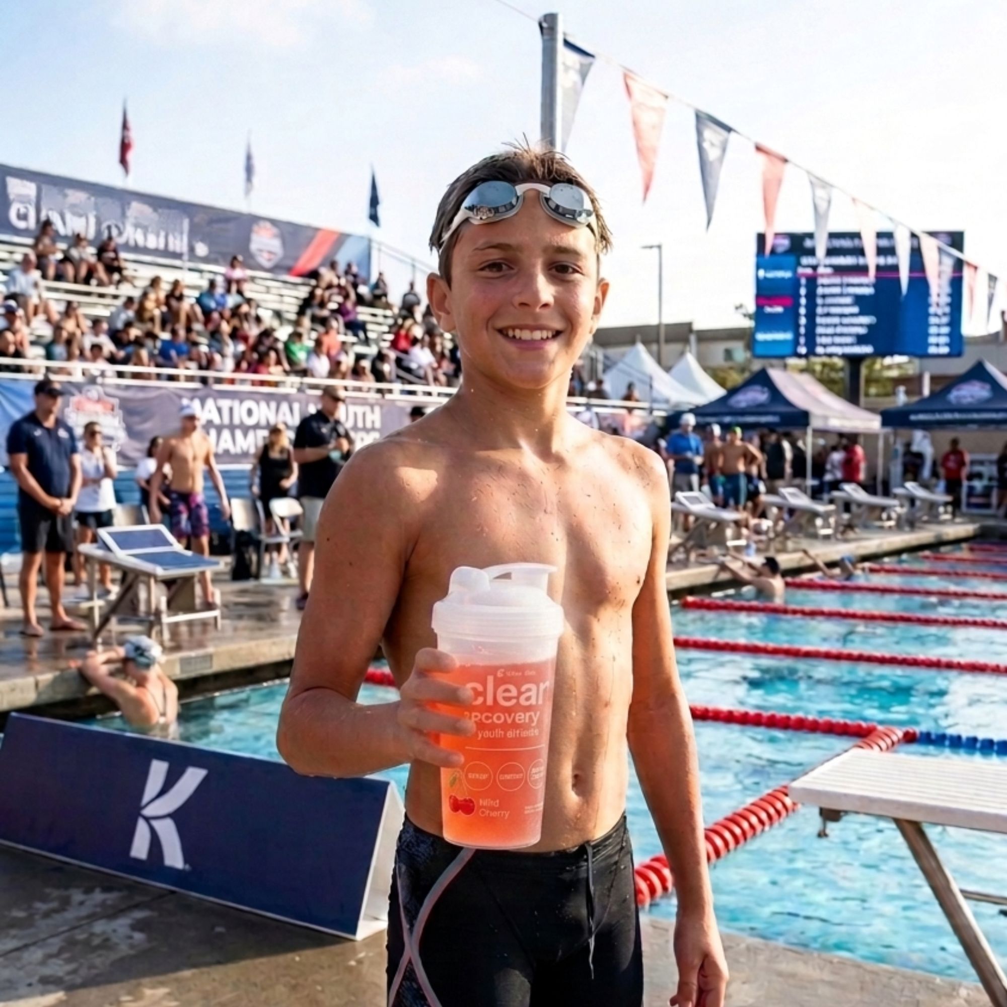 A young swimmer holding a shaker bottle of Clear Recovery at an outdoor competition pool
