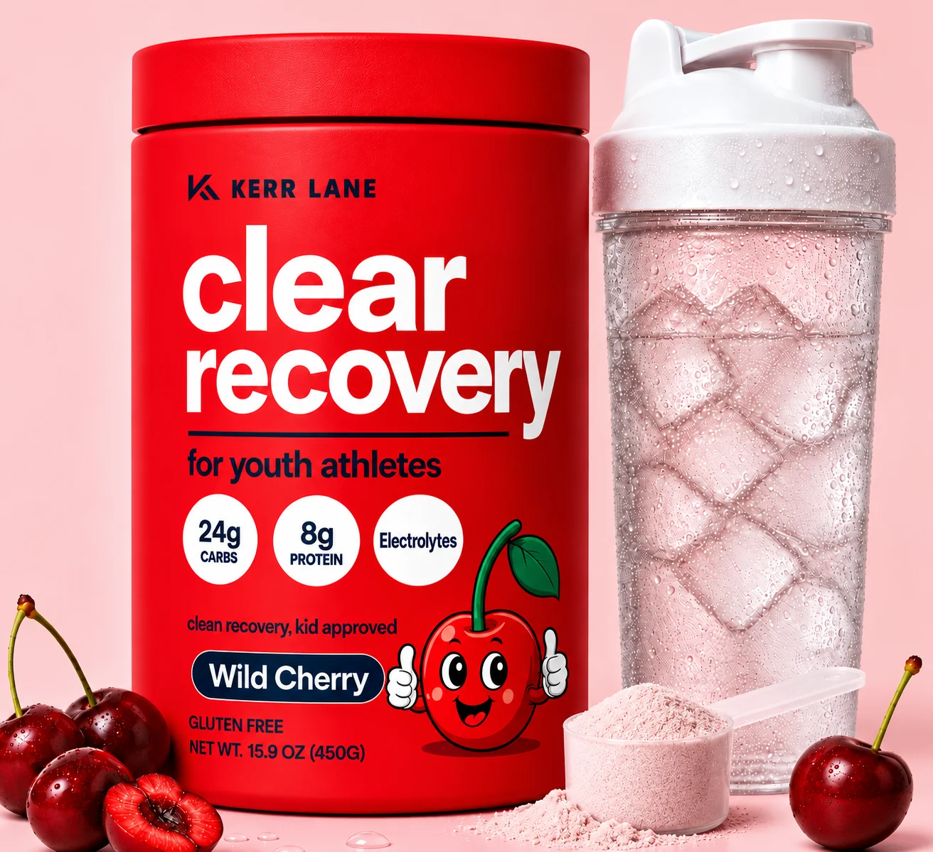 Clear Recovery Wild Cherry gluten-free tub with shaker bottle of iced drink and scoop of powder